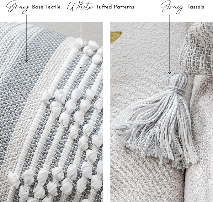 Gray Cream White Boho Throw Pillow Cover 20X20, Boho Woven Textured Pillow Cover, Neutral Pillow Cover, Sofa Couch Bed Farmhouse Lumbar Pillow (Cover ONLY)