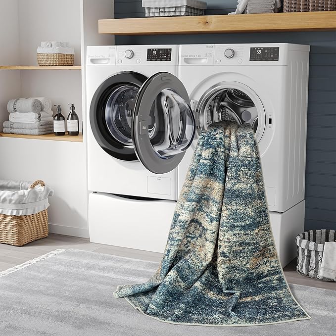 Art&Tuft Washable Rug, Anti-Slip Backing Abstract 8x10 Area Rugs, Stain Resistant Rugs for Living Room, Foldable Machine Washable Area Rug 8x10, Navy