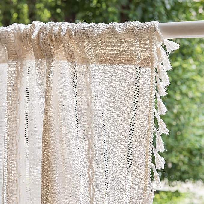 Sutuo Home Ivory Boho Curtain 52W x 36L inch White Striped Light Filtering Short Valance Tier, 1 Panel Embroidery Bohemian Farmhouse Country Kitchen Window Treatment Decor for Small Closet