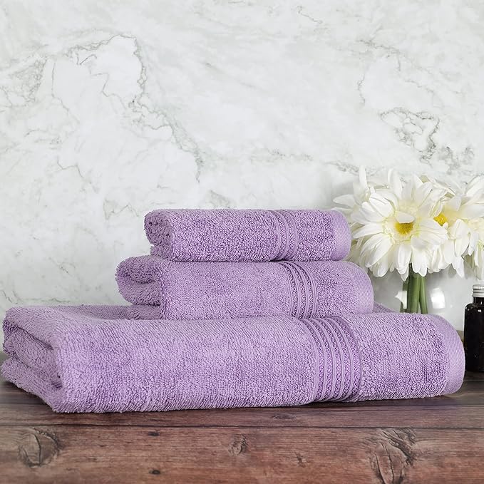 Superior Egyptian Cotton 3-Piece Towel Set, Basic Towels For Bathroom, Home Decor, Guest Bath, Shower, Apartment, Included 1 Face, 1 Hand, 1 Bath Towel, Washcloth, Quick Dry, Royal Purple