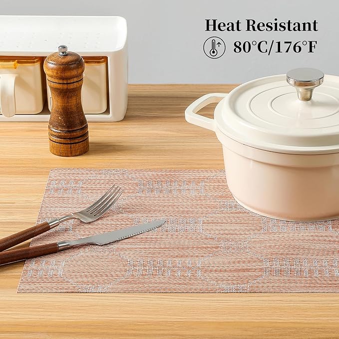 Leetaltree Coral Placemats Set of 12 - Heat Resistant Non-Slip Place mats for Dining Table, Washable Durable PVC Vinyl Woven Table Mats(Coral, 12)