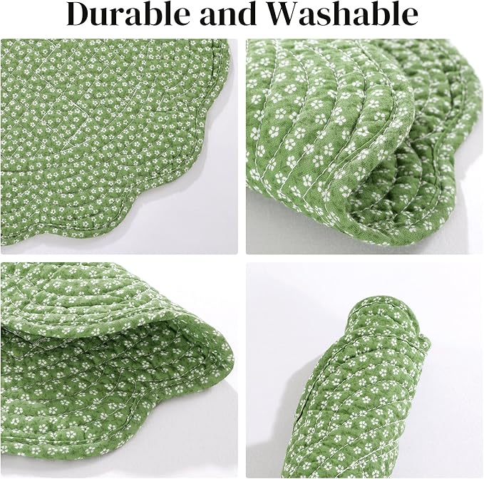 HOMBYS Quilted Placemats Set of 6 Washable Round Placemats for Kitchen Table-100% Cotton Fabric 13 Inch Round Table Mats, Cotton Fabric with Microfiber Filling, (13"x13",Green & White Flower)