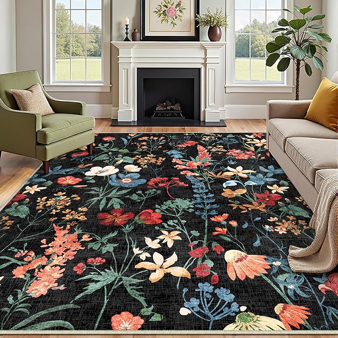 Black Area Rug 8x10 Floral Washable Living Room Kitchen Boho Carpet Non Slip Low Pile Indoor Accent Lightweight Soft Throw Rug for Bedroom Office Dining Room Nursery Farmhouse