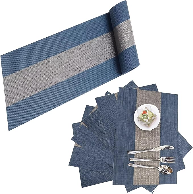 Placemats with Table Runner Set Place Mats, Woven Crossweave Placemat Vinyl Kitchen Tablemat, Washable PVC Table Mats for Dining Table, Parties, Farmhouse, Thanksgiving, Christmas & Gathering (Blue C)
