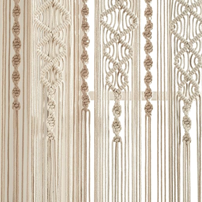 Lush Decor Boho Macrame Textured Cotton Window Curtain Panel, Single Panel, 40" W x 63" L, Neutral - Doorway Room Divider - Wedding Or Wall Decor - Boho Macrame Curtain