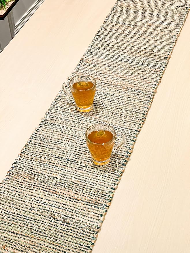 Chardin Home Natural Jute Table Runner 13x90 Inch – Vintage Boho Rustic Table Decor – Handwoven Jute Table Runner in Natural and Green– Farmhouse Dining or Console Table Accent