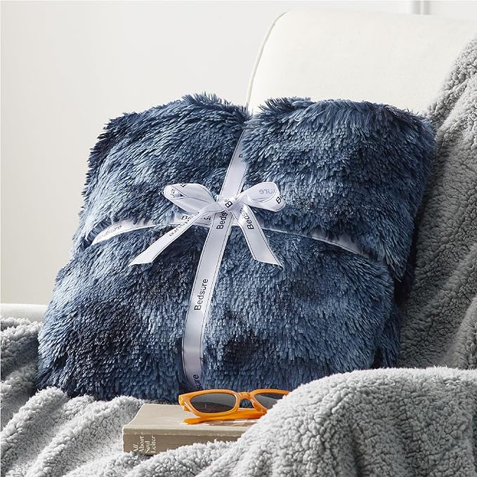 Bedsure Fluffy Tie Dye Navy Blue King Size Blanket for Bed, Thick Soft Sherpa Faux Fur Fleece Bedding Fuzzy Plush Winter Warm Heavy Oversize Large King Blanket, Cozy Blue Gifts for Men Women, 108x90