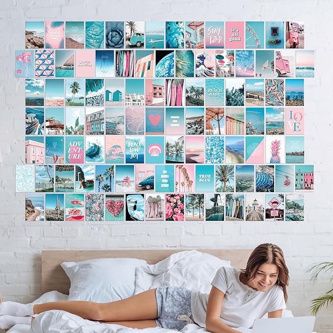 Blue Aesthetic Wall Collage Kit, 100 Set 4x6 inch, Pink VSCO Room Decor for Teen Girls, Summer Beach Wall Art Print, Dorm Photo Collection, Small Posters for Room Aesthetic…
