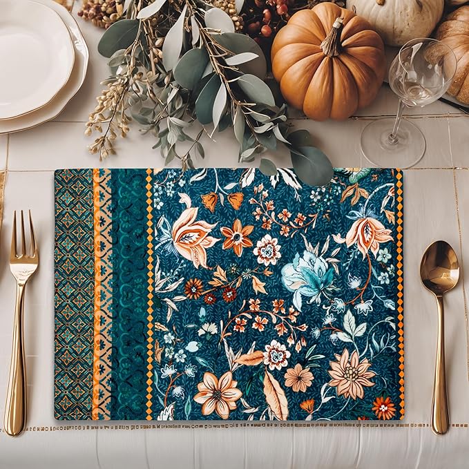 Maison d' Hermine Placemats Set of 4 100% Cotton Washable Cloth Place Mats, Reusable Table Mats for Kitchen Dining Decoration, Party, Wedding, Restaurant (Luxury Loft-Dark Teal, 13" x 19")