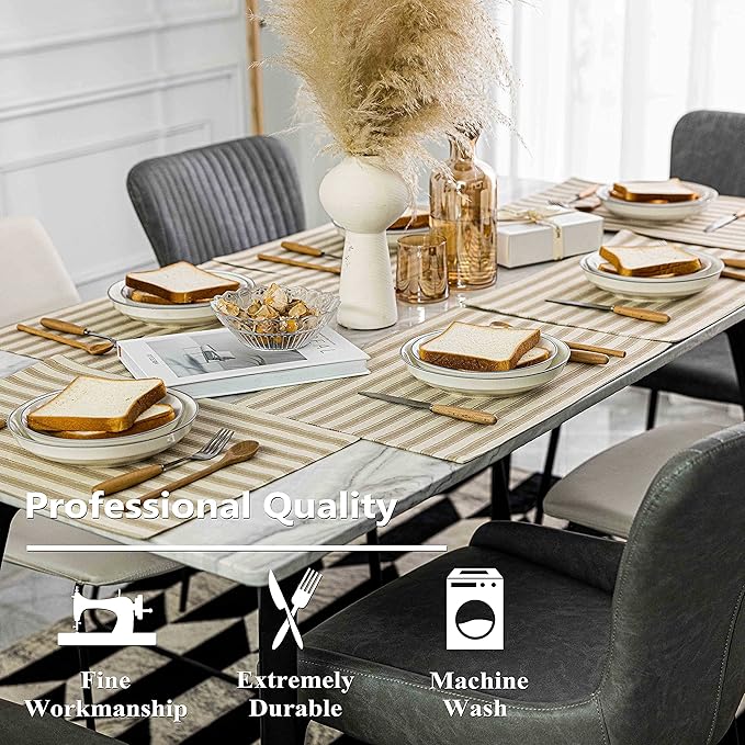 Home Brilliant Farmhouse Placemats Set of 6 Heat Resistant Dining Table Placemats for Kitchen Table Dinner Decor, 13 x 19 inches, Stripes, Oatmeal Beige