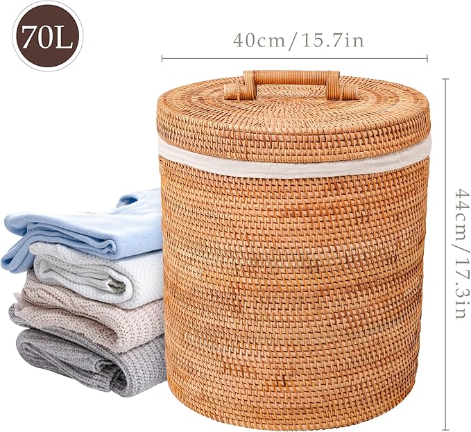 Rattan Laundry Hamper With Lid, Rattan Laundry Basket With Removable Liner Bag Handles (15.7" L×15.7"W×17.3"H)