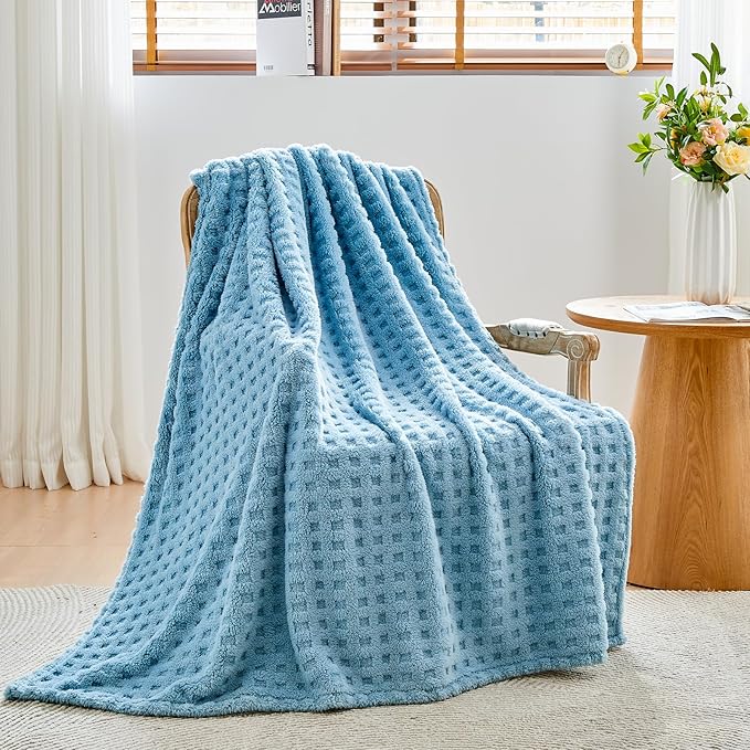 NEWCOSPLAY Super Soft Twin Blanket Blue Premium Silky Flannel Fleece 3D Waffle Checkered Lightweight Bed Blanket All Season Use (Blue, Twin(60"x80"))