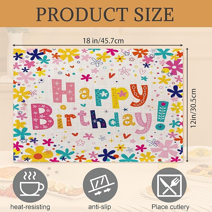 Happy Birthday Placemats Set of 6,Washable Heat Resistant 12×18 Inch Linen Table Mats Birthday Party Place Mats for Party Outdoor Dining Décor