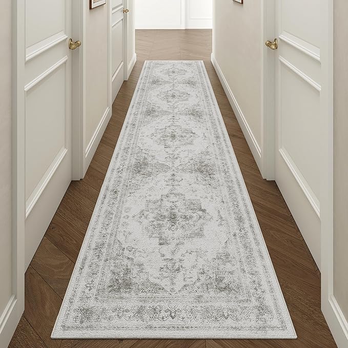Runner Rug 2x12 Washable Light Gray Hallway Runner Vintage Boho Medallion Non Slip Grey Distressed Retro Carpet Indoor Low Pile Long Soft Rug for Kitchen Entryway Bedroom Bathroom Laundry