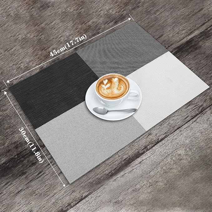 HeloHo Placemats Set of 6 Black and White Placemats Heat-Resistant Washable Vinyl Woven Table Mats Wipeable Placemat for Kitchen Dining Table Decoration Indoor Outdoor