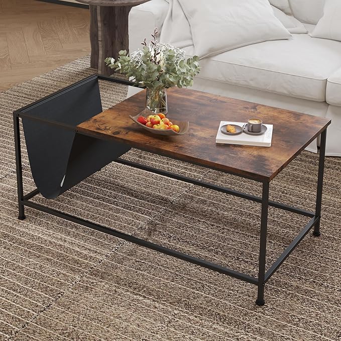 SENIG Brown Rectangle Wood and Metal Coffee Table with Storage Shelf for Small Living Rooms with Pocket