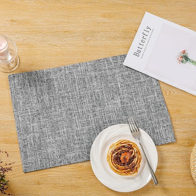 SHACOS Fabric Placemats Set of 4 Washable Heat Resistant Double Layer Thick Table Mats Non Slip Cloth Place Mats Indoor Outdoor, Light Grey White