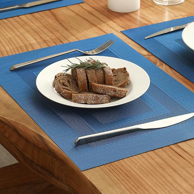 Leetaltree Blue Frame Placemats Set of 6 - Heat Resistant Non-Slip Place mats for Dining Table, Washable Durable PVC Vinyl Woven Table Mats(Blue Frame, 6)