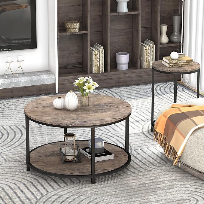 NSdirect Round Coffee Table, 27.6" Small Wood Coffee Table for Living Room, Rustic Modern Farmhouse Style, 2-Tier Storage Shelf Compact Space-Saving Design for Small Spaces, Walnut