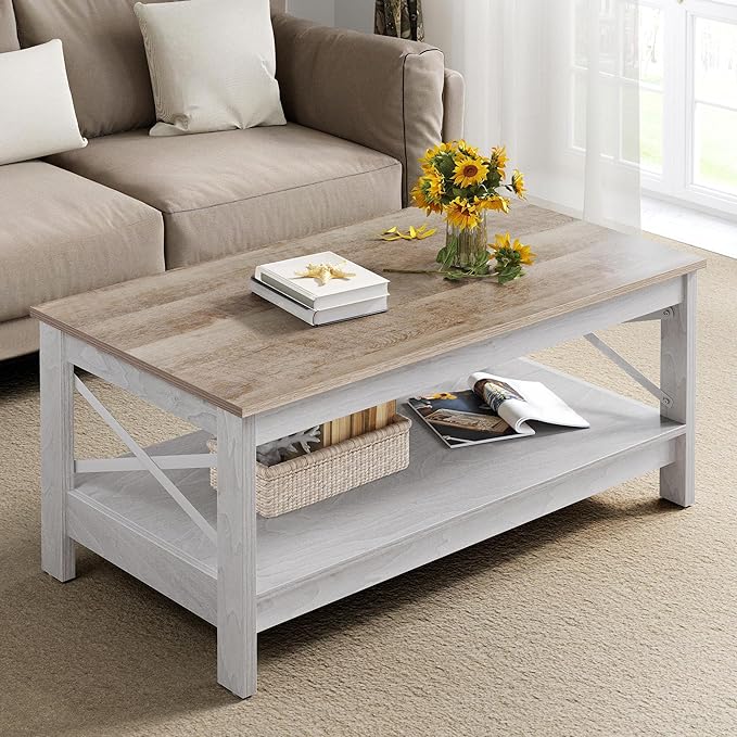 YITAHOME Coffee Tables for Living Room, Modern Farmhouse Coffee Table with Storage, 2-Tier Center Table Wood Living Room Table Accent Cocktail with Sturdy Frame, Grey Wash