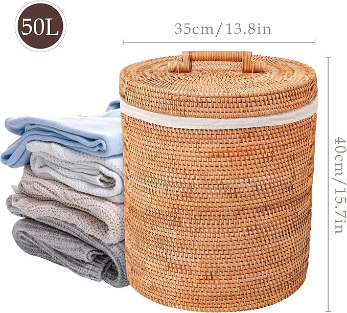 Rattan Laundry Hamper With Lid, Rattan Laundry Basket With Removable Liner Bag Handles (13.8" L×13.8"W×15.7"H)