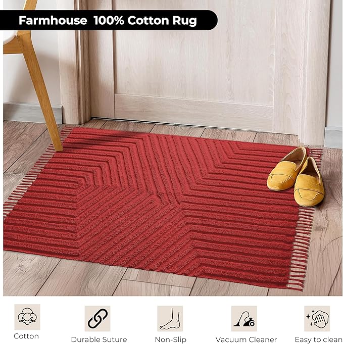 Boho Bathroom Rug 2' x 3', Washable Hand-Woven Tufted Cotton Rug with Tassels for Entryway, Foyer, Bedroom, or Kitchen - Rust Bricks