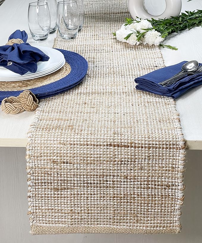 Chardin home Natural Jute Table Runner - 13x72 Inch, Rustic Farmhouse Style - Colors: Natural Jute and Ivory