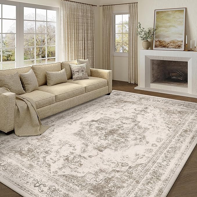 Washable Rug 6x9 Area Rug for Living Room Taupe Vintage Boho Medallion Large Distressed Retro Carpet Non Slip Indoor Low Pile Small Soft Bedroom Dining Room Home Office