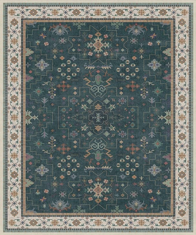 Dark Green Oushak Living Room Rug 10x12 - Modern Vintage Boho Eclectic Floral Pastel, Washable Low Pile Non-Slip Extra Large Area Rugs for Dining Under Table Bedroom Lounge