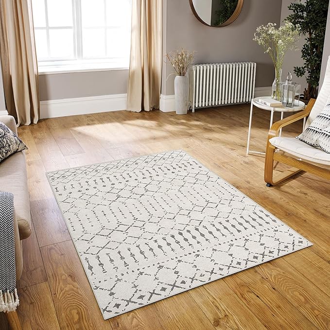 Deerly 3x5 Rugs Boho Moroccan Farmhouse Machine Washable Rug 3x5 Area Rug Non-Slip, Soft Low Pile Indoor Floor Carpet Neutral Rug for Living Room Kitchen Bedroom, Off White/Grey