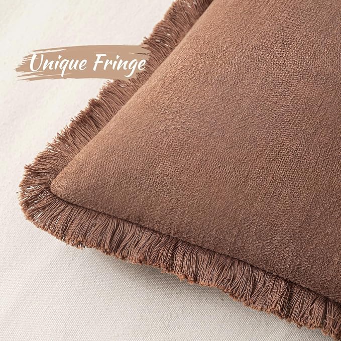 MIULEE Decorative Throw Pillow Covers Neutral Linen Fringe Throw Pillows Euro Shams Set of 2 Brick Boho Farmhouse Cushion Covers for Couch Sofa Bed Living Room Spring Home Decor 22x22 Inch