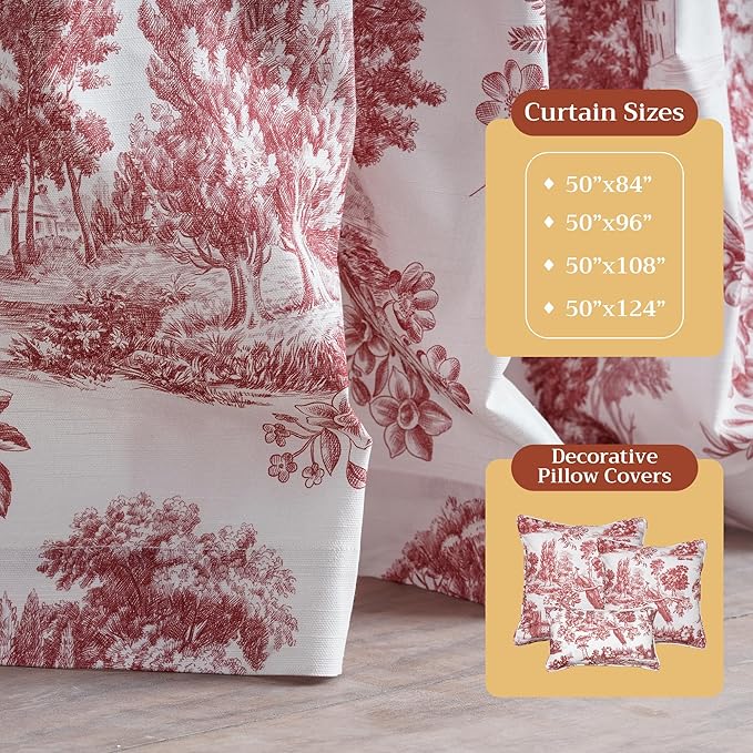 Maison d' Hermine Curtains for Living Room 100% Cotton 108 inch Length Two Panels Light Filtering Toile Curtains for Bedroom Windows with Rod and Loop Pockets Drapes (Trianon Red, 50" W x 108" L)