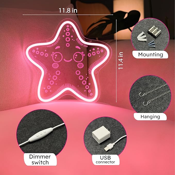 Starfish Neon Sign, Pink Neon Sign, Kawaii Star Ocean Decor Design, USB Cable with Dimmer, Beach Themed Night Light Gift for Craft Room Kid Wall Decor (11,8 * 11,5in)