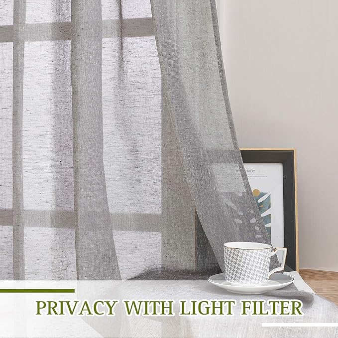 NICETOWN Charcoal Grey Solid Linen Sheer Curtains, Ring Top Thick Flax Light Reducing Wrinkle Free Linen Blend Semi Sheer Window Treatment for Kitchen/Bedroom, W52 x L45, 2 Panels
