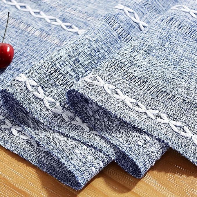 Chassic Rustic Farmhouse Style Linen Table Runner, Boho Handmade Tassel Hemstitched Embroidered Table Runners 90 Inches Long for Holiday Party, Dresser and Dining Decorations, 13 x 90 inch - Blue