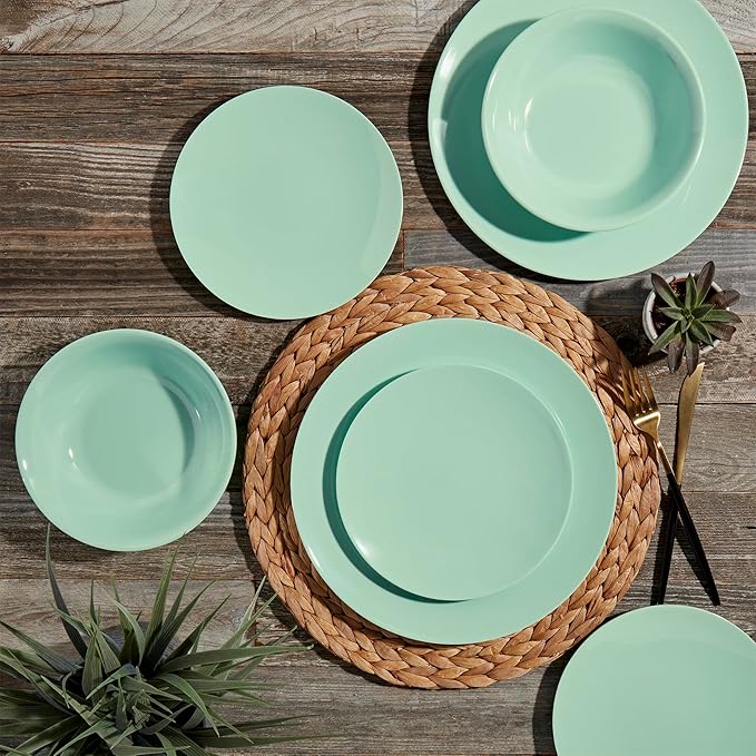 Tabletops Gallery 12 Piece Light Green Melamine Dinnerware Set Plates Bowls for Indoor Outdoor Use, Service for 4, Mint