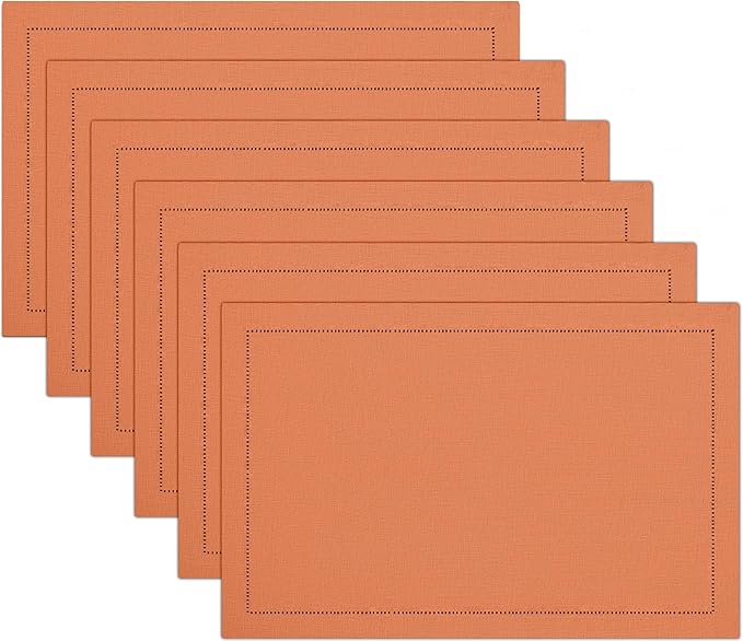 Ruvanti Linen Placemats Set of 6-13x19 Inch, Classic Hemstitch, Heat Resistant Machine Washable Place Mats, Soft & Elegant- Perfect for Christmas, Thanksgiving, Easter, Weddings, Dinner - Orange