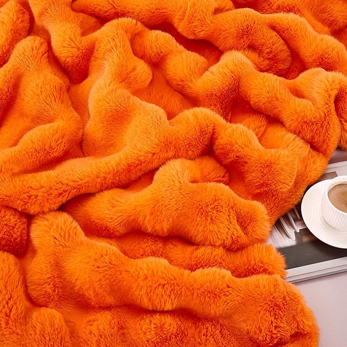 JONIYEAR Large Solid Fall Bubble Faux Rabbit Fur Bed Blanket Queen Size 80" x 90", Decorative Puffy Big Warm Fuzzy Blanket for Winter,Extra Thick Shaggy Cozy Comfy Fluffy Blankets for Adult Kid,Orange