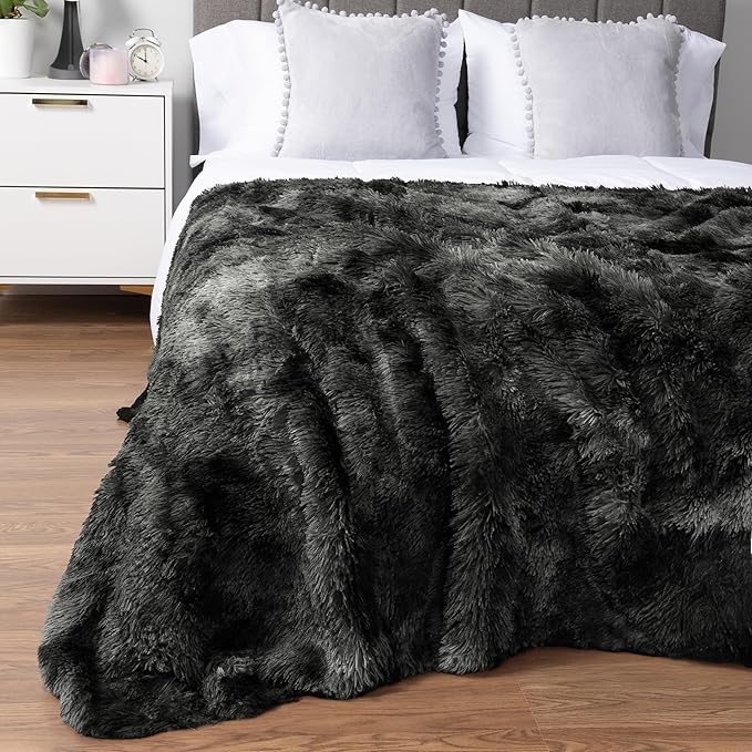 Pavilia Black Fluffy Bed Blanket, King Size, Fuzzy Plush Warm Large Blanket for Couch Sofa, Super Soft Thick Faux Fur Sherpa, Tie-Dye, 90x108
