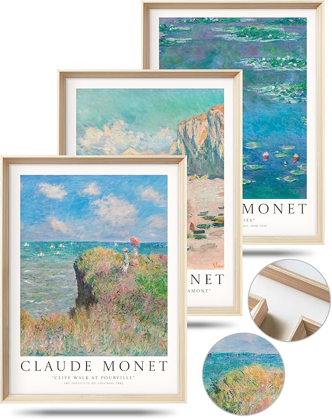HesenDot Claude Monet Framed Wall Art,12x16in High Framed Canvas Prints, Impressionism Landscape Painting Poster Wall Decor,Vintage Home Decoration for Living Room Bedroom Gallery Office,Set of 3