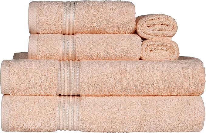 Superior Egyptian Cotton 6-Piece Towel Set, Bathroom Essentials, Towels For Bathroom, Apartment, Airbnb, Guest Bath, Face, Hand, Bath Towels, Washcloths, Absorbent, Fast Drying, Peach