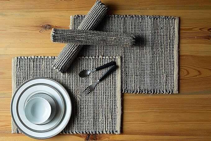 Chardin home | Natural Jute Placemats Set of 4 | 13x19 Inch Rustic Farmhouse Place mats | Table mats Colors - Natural Jute and Black Charcoal.