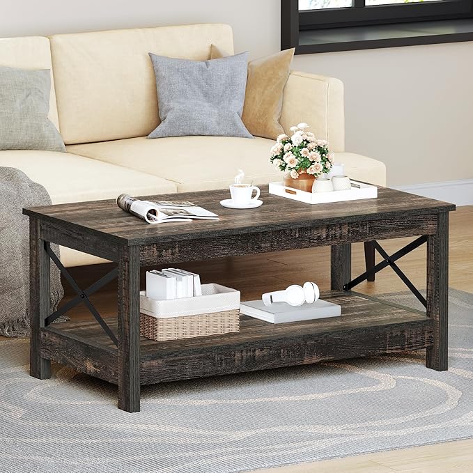 YITAHOME Coffee Tables for Living Room, Modern Farmhouse Coffee Table with Storage, 2-Tier Center Table for Living Room Wood Table Accent Cocktail with Sturdy Frame, Dark Rustic Oak