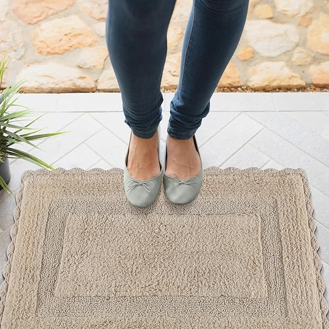 Cotton Crochet Bathmat with Antiskid 21x34 Linen, 100% Pure Cotton, Super Soft White, Plush & Absorbent, Hand Tufted Heavy Weight Construction, Full Reversible Step Out Rugs