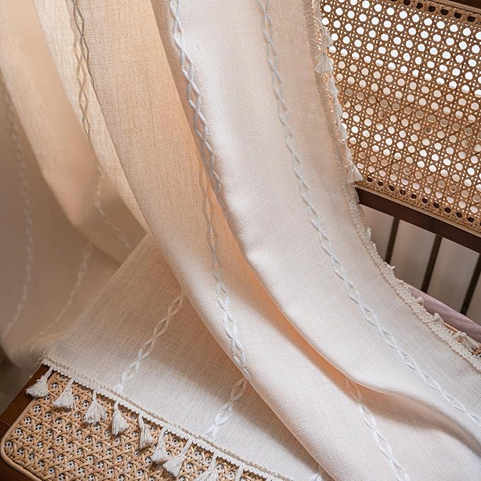 Sutuo Home Boho Curtains for Bedroom Dining Room Kitchen, Semi Blackout Linen Farmhouse Shabby Chic Tassels Window Treatment Bohemian Embroidery Drape, Rod Pocket 1 Panel 52" W x 63" L Champagne