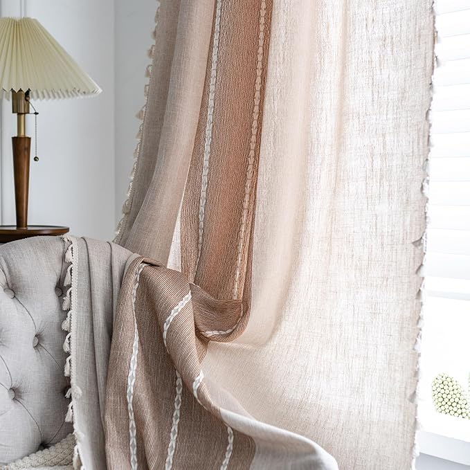 Sutuo Home Boho Curtains 72 inch for Kitchen Nursery Room, Semi Blackout Linen Farmhouse Tassels Window Treatment Vintage Bohemian Embroidery Drape, Rod Pocket 1 Panel 52" W x 72" L, Coffee Linen