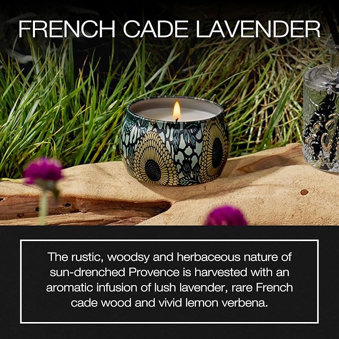 Voluspa French Cade Lavender, Mini Tin Candle, 4 oz, 25 Hour Burn Time, Coconut Wax for Clean Burning, Handcrafted in The USA