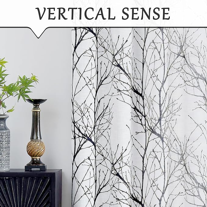 FMFUNCTEX Linen Semi Sheer Curtains for Bedroom, Black White Curtains 84 Inches Long for Living Room, Grey Tree Branch Patterned Curtain Light Filtering Farmhouse Window Drapes, Grommet Top 2 Panels