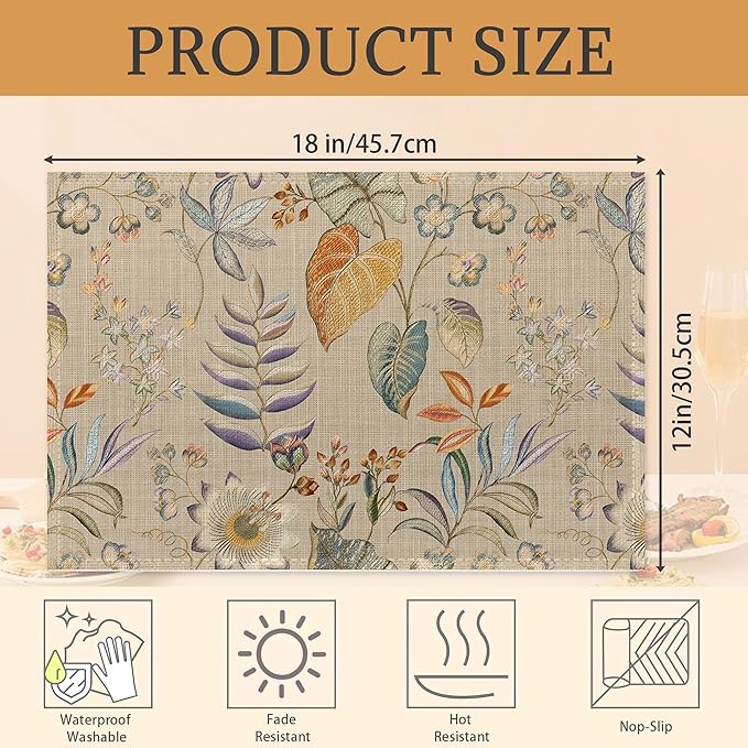 Colorful Flower and Leaf Placemats Set of 6 Place Mats for Kitchen Table Washable Farmhouse Linen Table Mats Dining Decoration 12x18 Inch