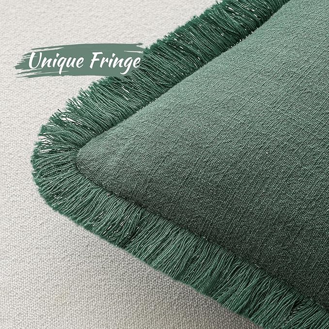 MIULEE Decorative Throw Pillow Covers Neutral Linen Fringe Throw Pillows Set of 2 Greyish Green Boho Farmhouse Cushion Covers with Tassels for Couch Sofa Bed Living Room Spring Home Decor 20x20 Inch